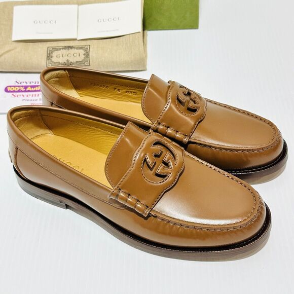 Gucci Interlocking G Men's 7.5/ US 8 Brown Leather Loafers Slip-On Shoes NIB - Picture 5 of 11